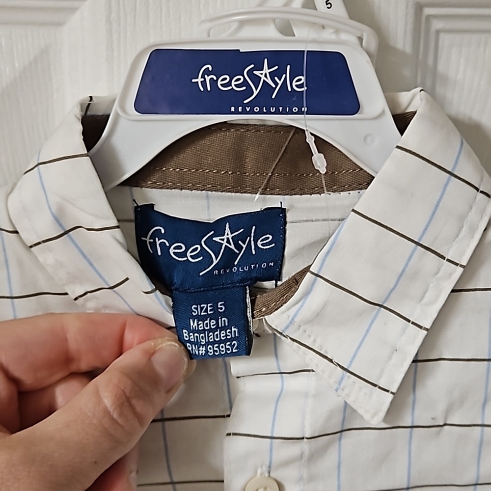 Freestyle 2 Piece Set White Button Down Blue Brown Stripe Sleeve Brown Cargo 5 - Picture 3 of 13